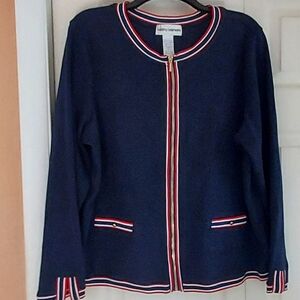 Cathy Daniels Womens XL Navy Red White Zip Front Cardigan Jacket Classic Preppy